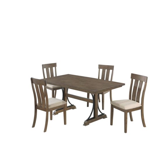 5pc Brown Oak Wood Dining Set with 4 Beige Linen Upholstered Chairs