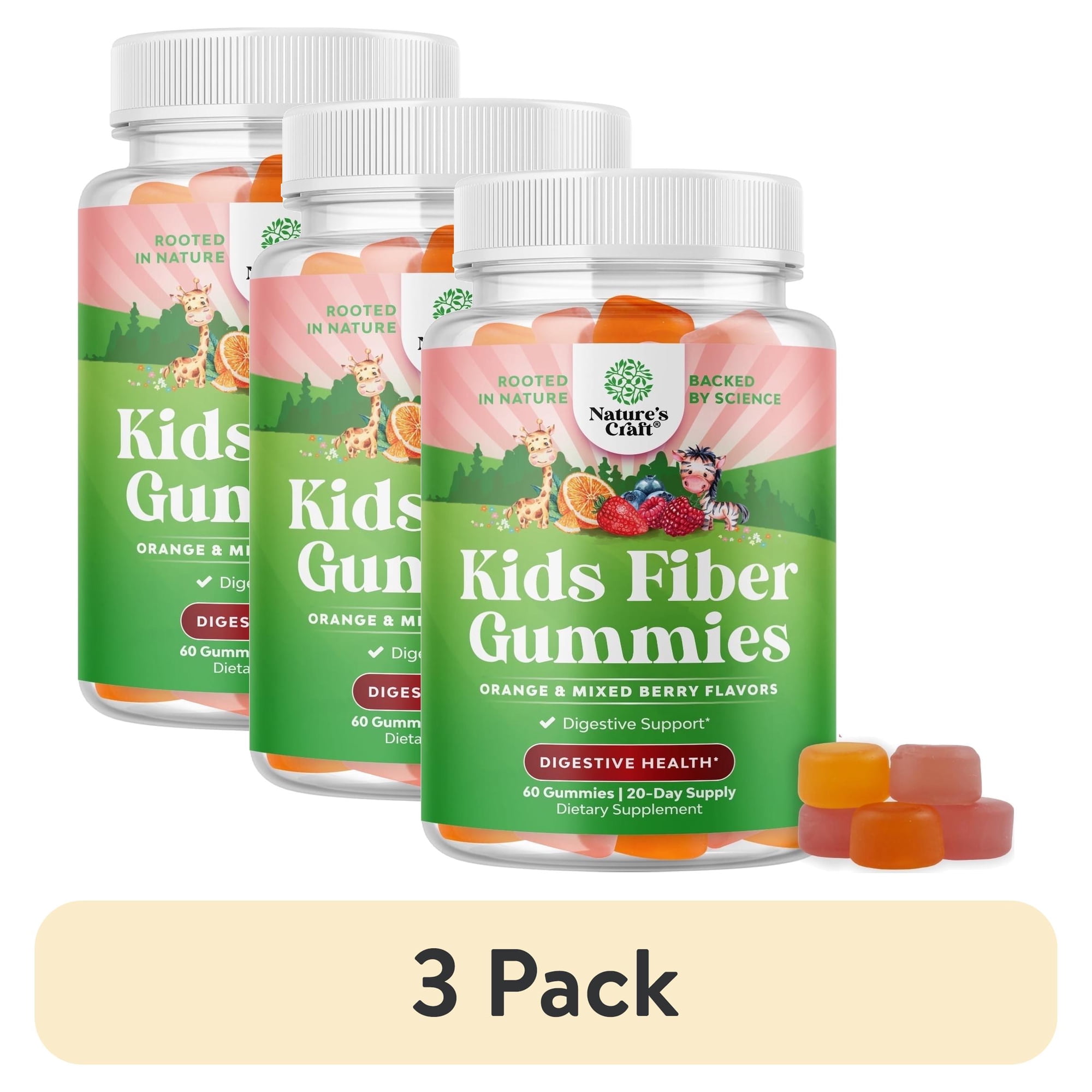 (3 pack) Natures Craft Prebiotic Fiber Gummies for Kids Digestive Health, Orange and Mixed Berry, 60 Count