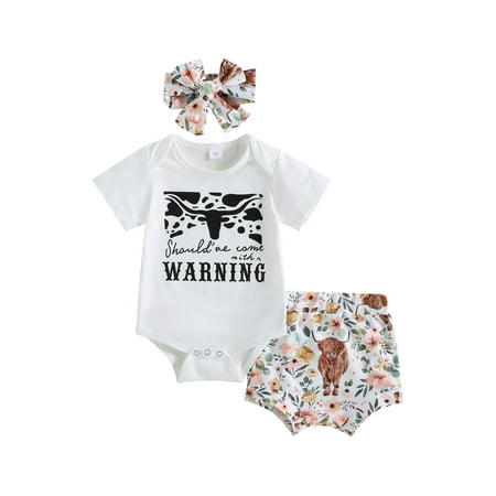 

Qtinghua Western Baby Girl Clothes Letter Short Sleeve Romper Tops Cow Print Shorts Headband 3Pcs Set White 18-24 Months