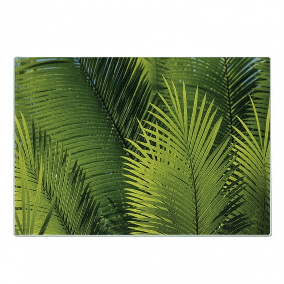 Nature Cutting Board, Tropical Foliage Pattern with Exotic Leaves Palm Tree Photography Hawaii Greens, Decorative Tempered Glass Cutting and Serving Board, Small Size, Fern Green, by Ambesonne