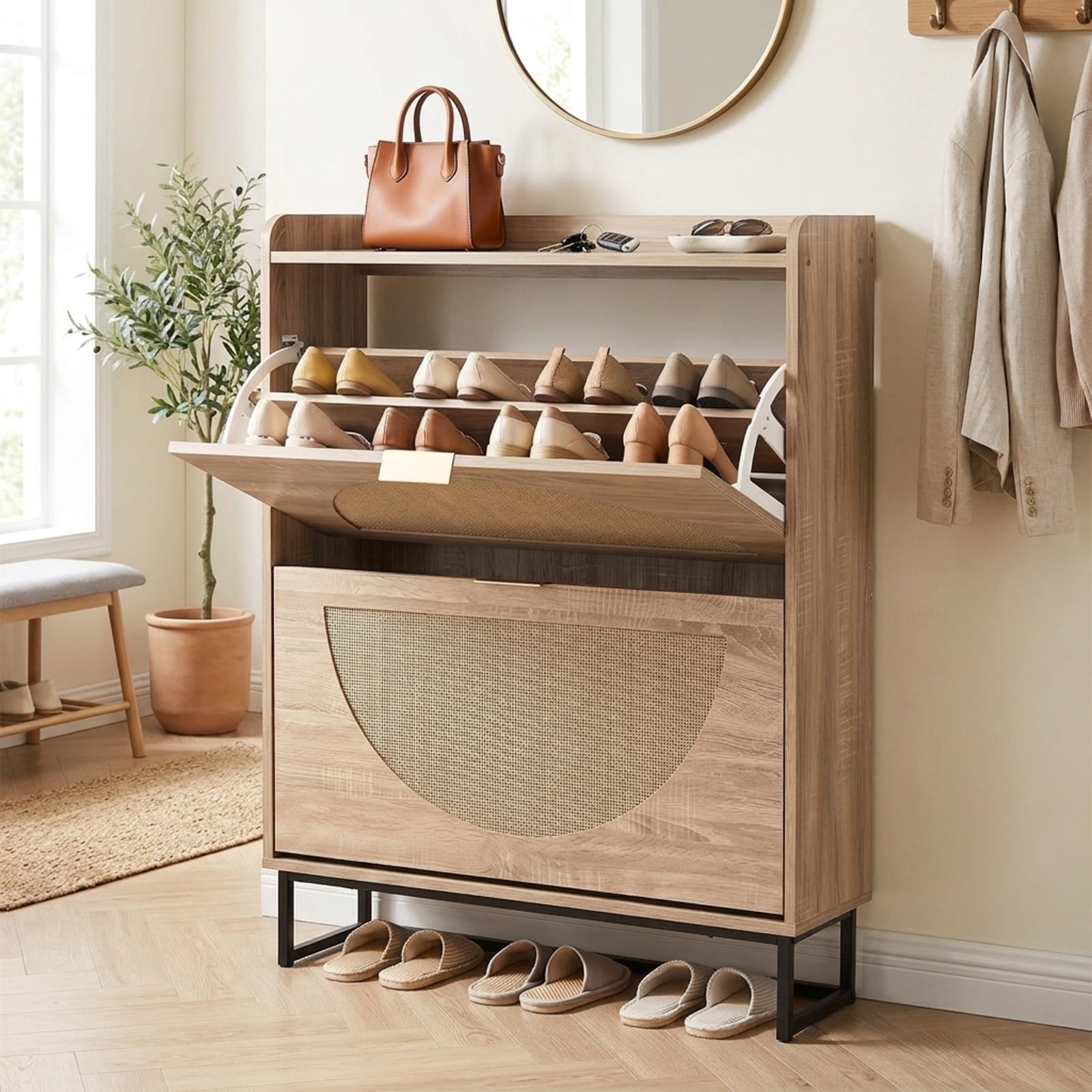 Furnibear Tall Narrow Shoe Storage Cabinet with 2 Flip Drawers Adjustable Removable Shelves and Faux Rattan Doors for Entryway and Hallway, Natural