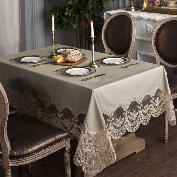 Vinyl Tablecloth Rectangle Waterproof Lace Table Cover with  Macrame Border for Wedding Kitchen Holidays Party Decor (Champagne, 60 x 84 Inch)