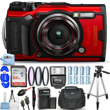Olympus Tough TG-6 Digital Camera (Red) + 64GB + EXT BATT + Flash Bundle
