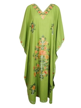 Mogul Women Green Maxi Dress Kaftan Embellished Cotton Floral Embroidered Lounger Resort Wear Caftan Housedress 3XL