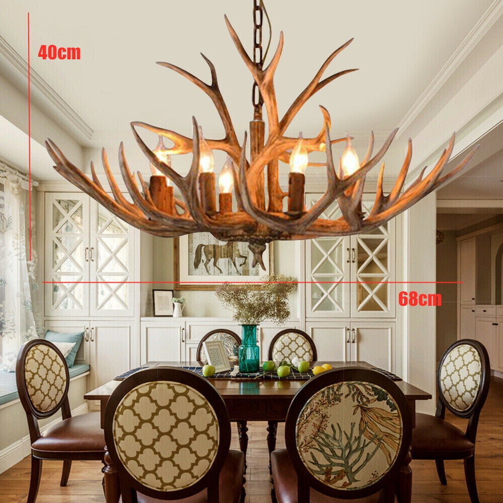 DENEST 110 V Vintage Ceiling Light 6-Heads Deer Antler Chandelier Resin Lamp Home Lighting Fixture