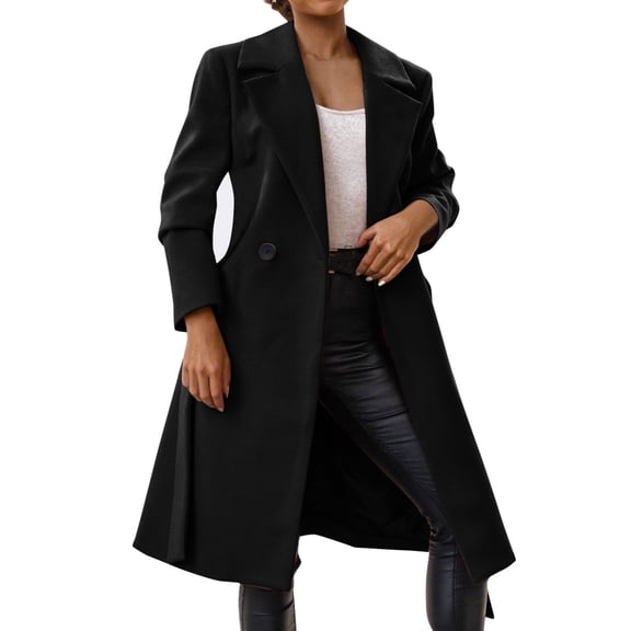 LEKODE Womens Wool Blend Overcoat Notched Lapel Single-Breasted Trench Coat Black 2XL