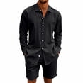 thumbnail image 2 of HBGVBA Men 2 Piece Outfit Long Sleeve Button Collared Shirt and Waist Elastic Shorts Set, 2 of 5