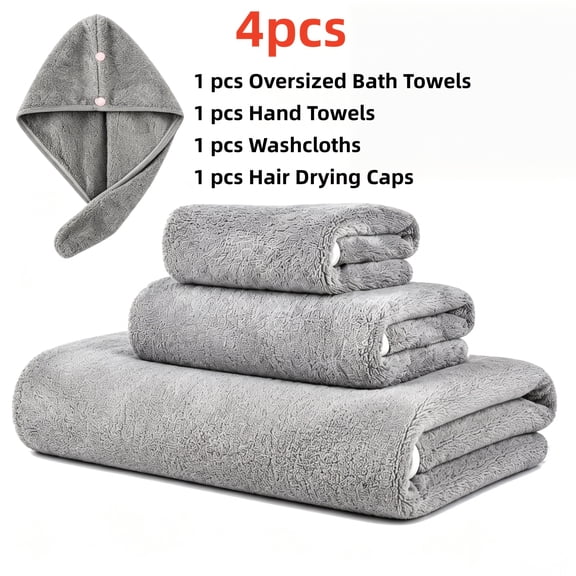4/8pcs Super Soft Microfiber Bath Towel Set, 1/2 Oversized Bath Towels(71*35in), 1/2 Hand Towels (30*14in), 1/2 Washcloths (10*10in), 1/2 Hair Drying Caps(26*10in), Quick Drying