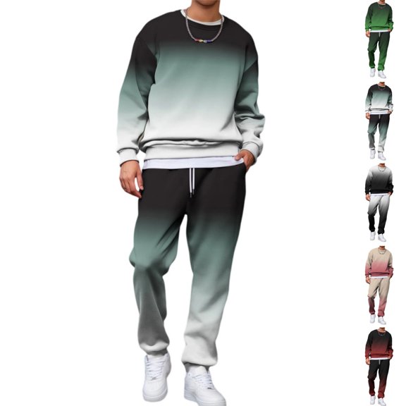 HAJWOH Sweatsuits for Mens Gradient Casual Crewneck Sweatshirt and Jogger Pants Set Fall Winter Athletic Fashion Long Sleeves Sweat Suits