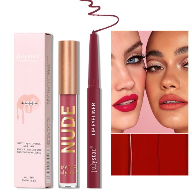XWSHYW Lápiz Labial Juego de Lápiz Labial Líquido Mate + Delineador de Labios, Kits de Maquillaje para Labios, Pigmento Aterciopelado, Tinte de Labios Desnudo, Brillo de Labios de Larga Duración, Jue