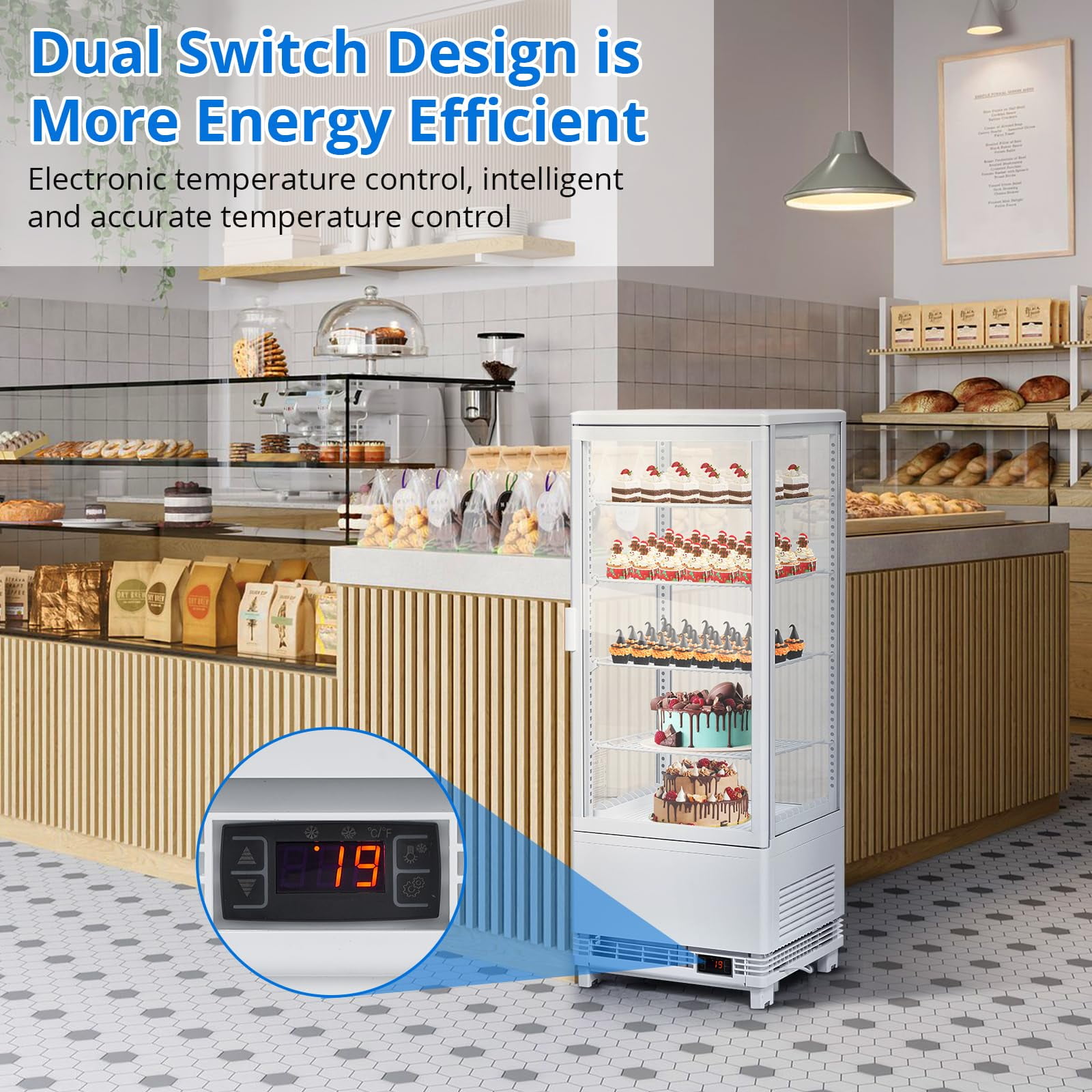 Commercial Cake Display Refrigerator, 3.5 Cu.FT Single-Door Merchandiser with Interior LED Lighting, Double-Layered Glass, Countertop/Floor Refrigerator, 110v