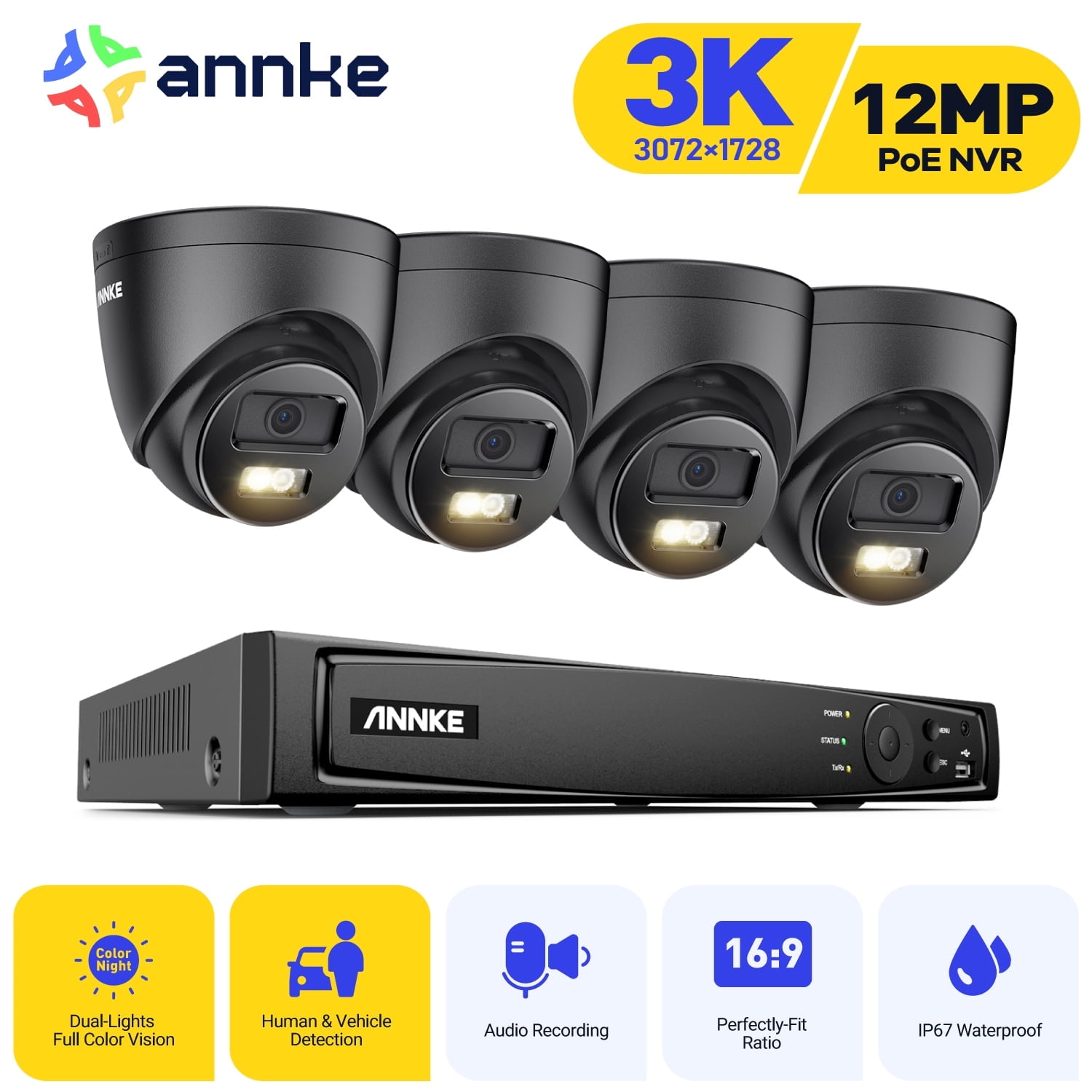 ANNKE H.265+ 8CH PoE Security Camera System, 12MP NVR Recorder and 4 x 3K Outdoor Surveillance Camera, Colour Night Vision, AI Human/Vehicle Detection, Smart Dual Light, Built-in Mic, 0TB HDD