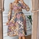 thumbnail image 3 of Vestido de manga larga con farol y dobladillo grande, decoración estampada, cuello redondo, vestido con lazo en la cintura para todas las estaciones, rojo M, 3 of 6