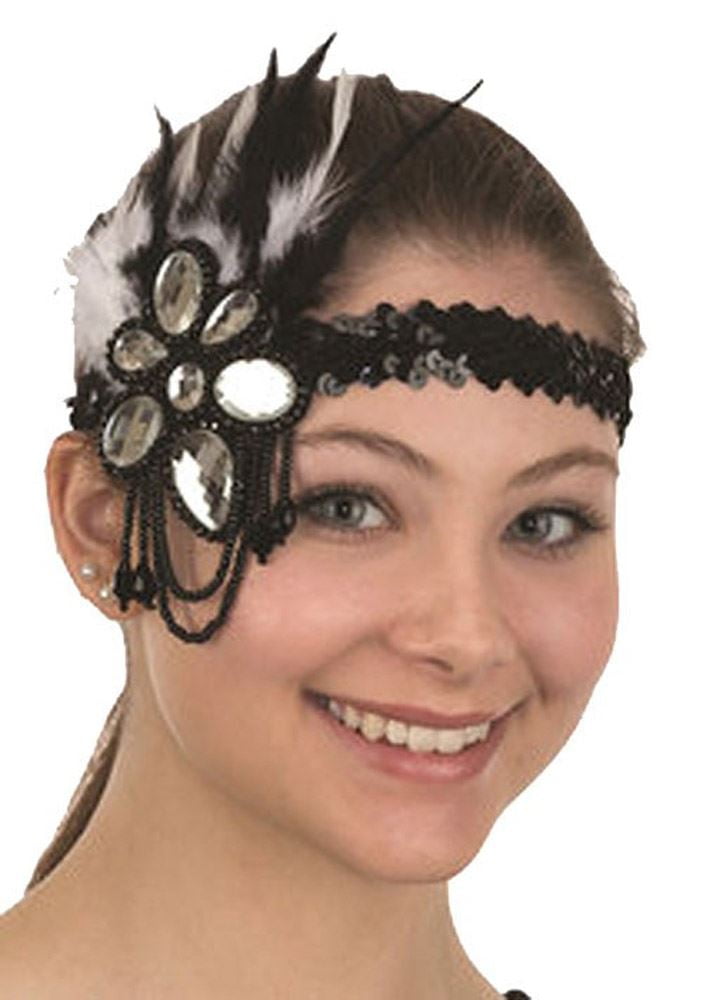 Brown Cream Faux Feather Carnival Fancy Dress Headband W Gold Silver Beads s149 