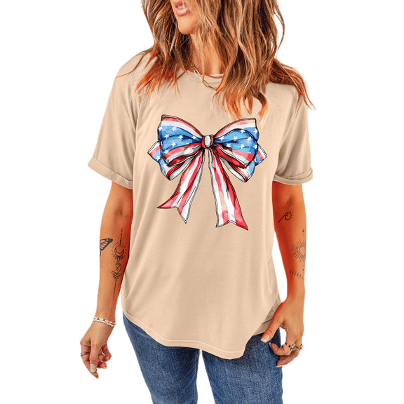 Women's Patriotic American Flag Bow Knot Print Round Neck T-Shirt