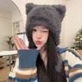 thumbnail image 4 of Winter Plush Women Hat Cute Bear Ear Protection Beanie Cap for Girls Female Kawaii Solid Color Faux Fur Warm Earmuffs Caps (A Style gray,One Size), 4 of 7