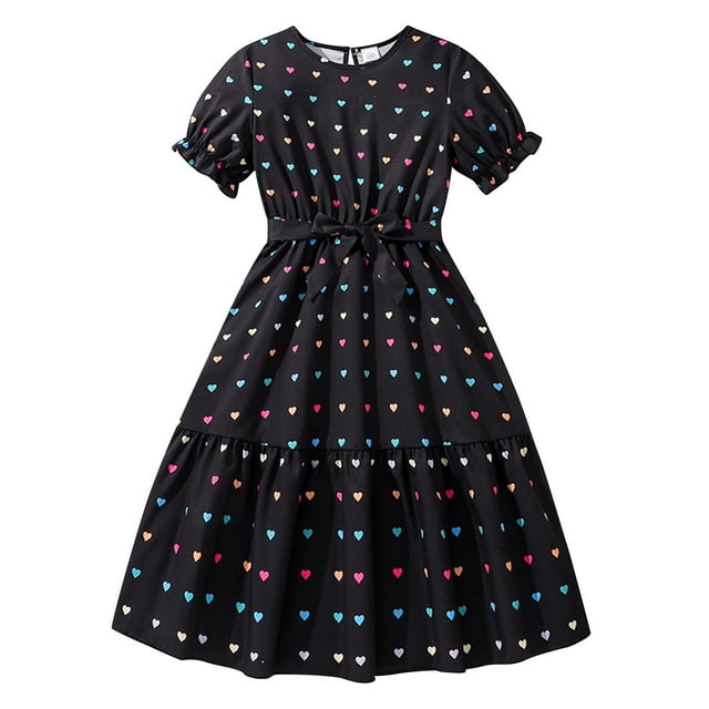 Odeerbi 8-13 Años Niñas Día de San Valentín Vestido Con Cinturón Conjunto Verano Manga Corta Vestido de Algodón Vestido Con Estampado de Amor Conjunto de Dos Piezas