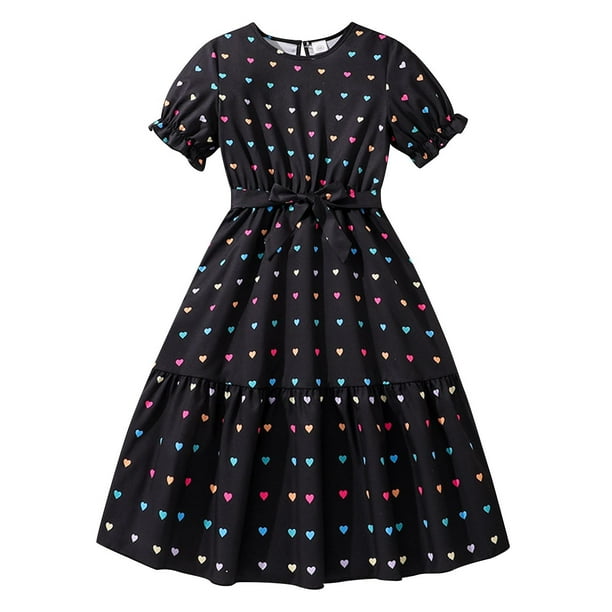 Odeerbi 8-13 Años Niñas Día de San Valentín Vestido Con Cinturón Conjunto Verano Manga Corta Vestido de Algodón Vestido Con Estampado de Amor Conjunto de Dos Piezas