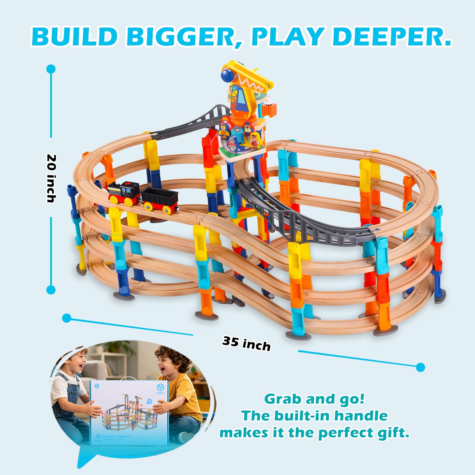 UDEAS 120Pcs Wooden Train Tracks Set, 398-inch Track Expansion, Toddler Railway Bridge Toy Train Set with Airplane and Magnetic Crane, Birthday Gifts for Boys and Girls