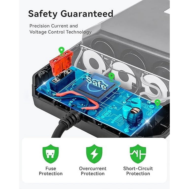 are cigarette lighter splitters safe Emlimny 7 in 1 Cigarette Lighter Splitter,120W Car Charger Adapter with USB  & PD, Multi Port Power Plug with Independent Switches & LED Voltage Display  for 12V- 24V Vehicles with 2 fuse(3.3FT