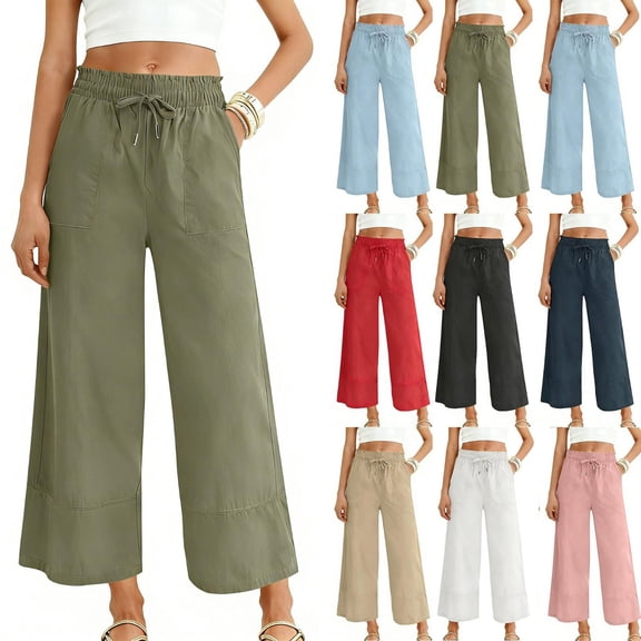 PIWHJQK Women Casual Drawstring Capris Shorts Women's Solid Elastic Waist Drawstring Cotton Linen Like Long Pants Bottoms