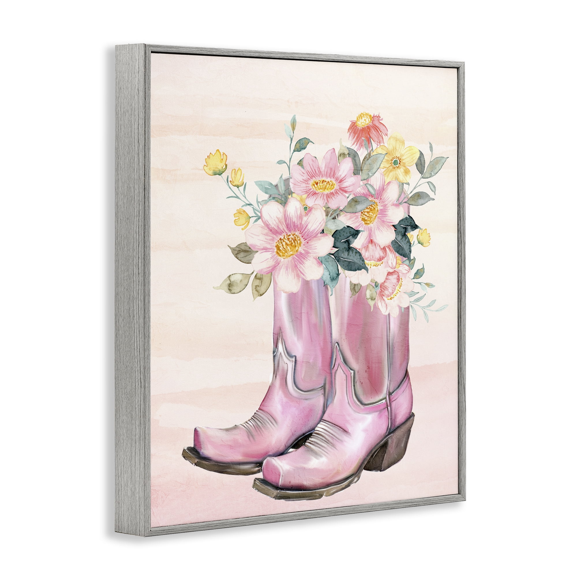 Wildflower Floral Boots Gray Framed Giclee Art, design by Kim Allen