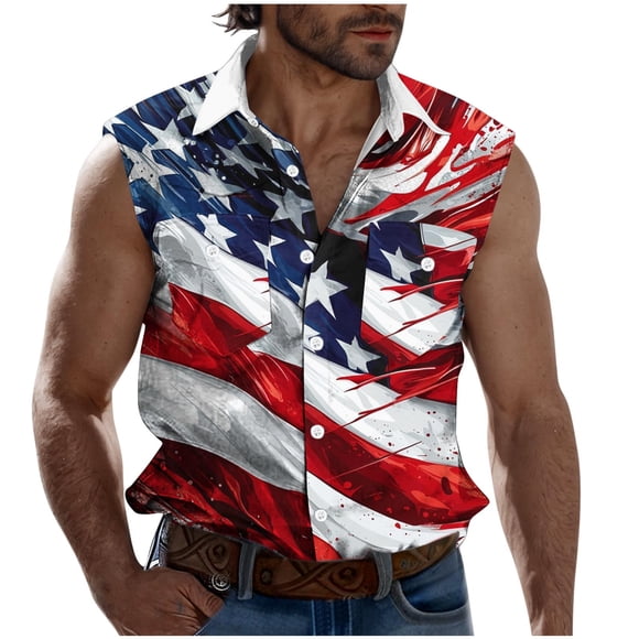 Camisas de Cuello para Hombres, Moda Casual Día de la Independencia Imprimir Turndown Bolsillos sin Mangas Tanque Deportivo