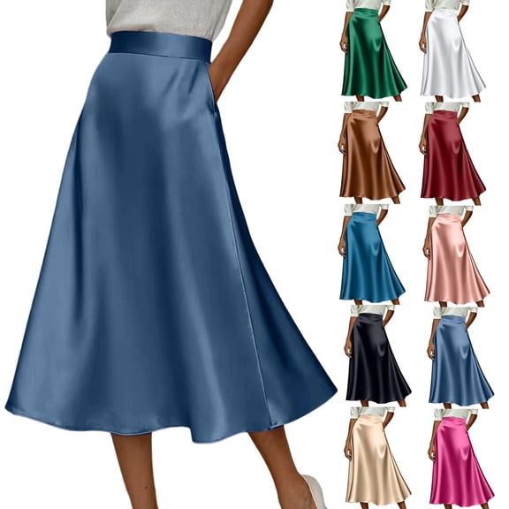 Nmnitkp Skirts for Women High Waist Satin A-Line Midi Skirt, Elegant Solid Silk-Like Flowy Skirt with Pockets, for Work, Wedding Guest & Daily WearBlue,S