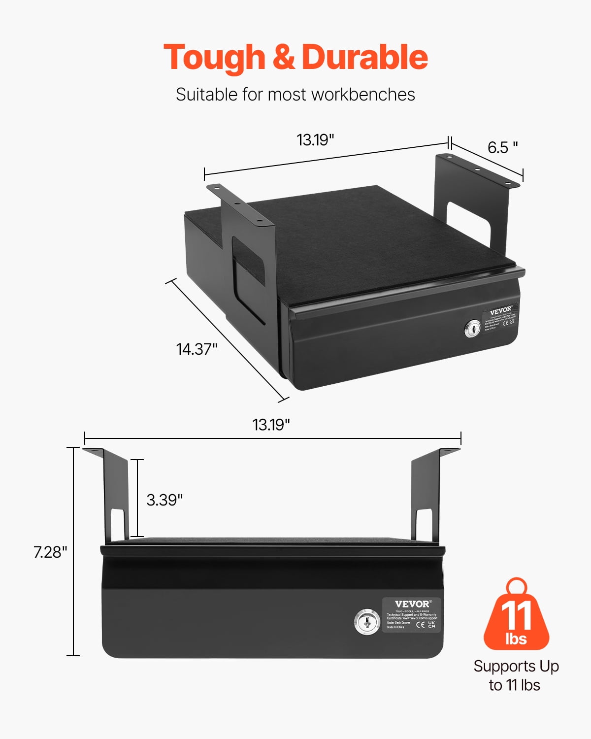 VEVOR 13" Wide Under Desk Drawer Slide Out, Under Desk Mount Pull Out Drawer Attachment, Hidden Desk Storage Organizer, Lockable Under Desk Pencil Drawer for Sit-Stand Workstation, 14x13x7 In