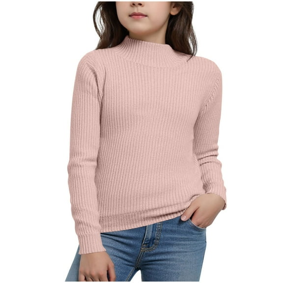 Cethrio Girls Crewneck Sweaters Size 7-8, Slim Fit Long Sleeve Soft Thermal Knitting Cotton Tops Pink