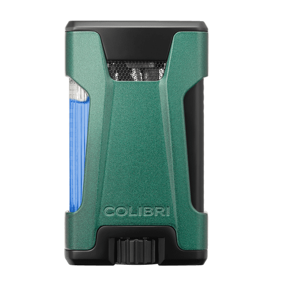 Colibri Rebel Double Jet Flame Butane Lighter, Windproof & Refillable, Cigar Enthusiast's Choice with Blue Fuel Window and Adjustable Flame (Matte Green   Black)