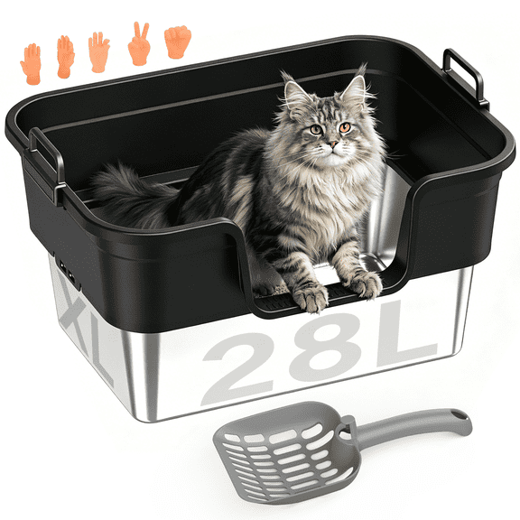 XL Stainless Steel Cat Litter Box, Open Top High Sided Metal Litter Pan with Easy Clean Design and Scoop, Black