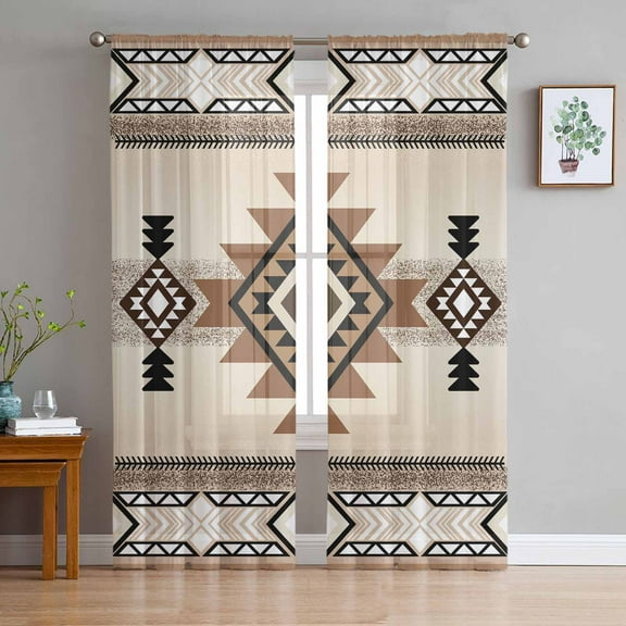 Brown Southwestern Semi Sheer Curtains 96 Inch Length 2 Panels Set, Boho Ethnic Geometric Farmhouse Sheer Kitchen Curtain Privacy Voile Window Curtain for Living Room Bedroom Rod Pocket Drapes