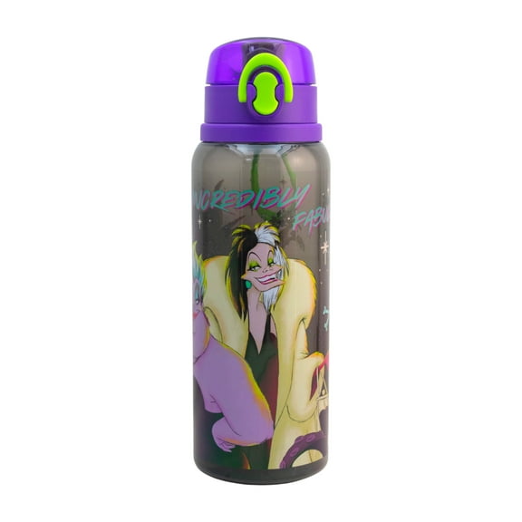 Botella de Agua de Villanas Disney, Botella de Plástico con Botón Push Up y Muñequera, Color Purpura, Capacidad 950ml.
