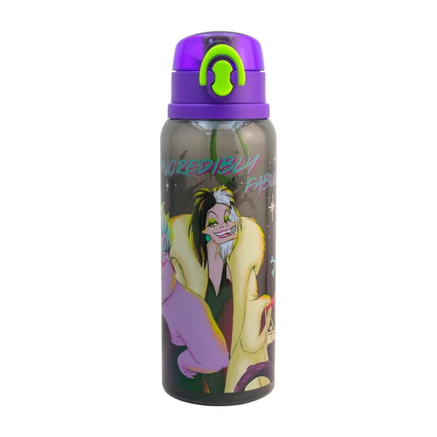 Botella de Agua de Villanas Disney, Botella de Plástico con Botón Push Up y Muñequera, Color Purpura, Capacidad 950ml.