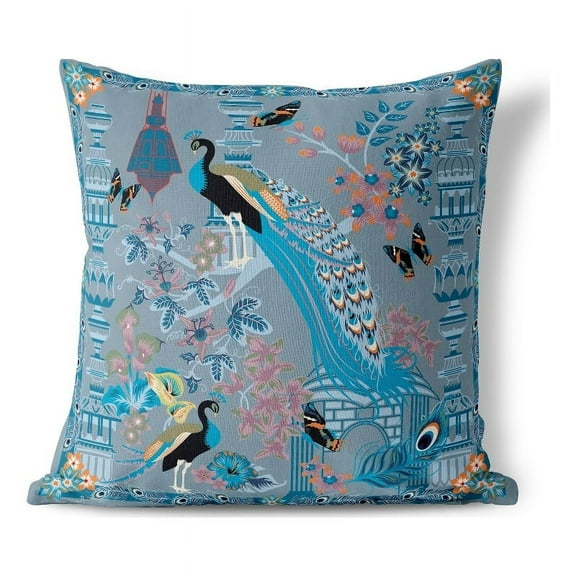 Peacock Paradise Indoor/Outdoor Broadcloth Fabric Pillow in Blue 16x16