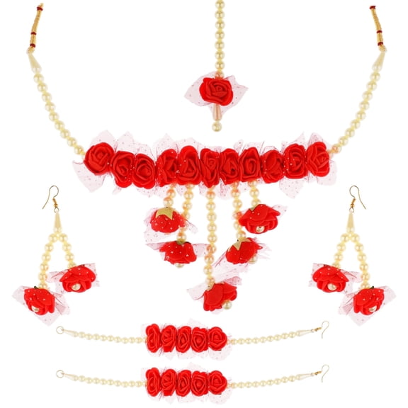 Efulgenz Indian Flower Jewelry Set for Haldi Mehandi Shower Wedding Women (Red)