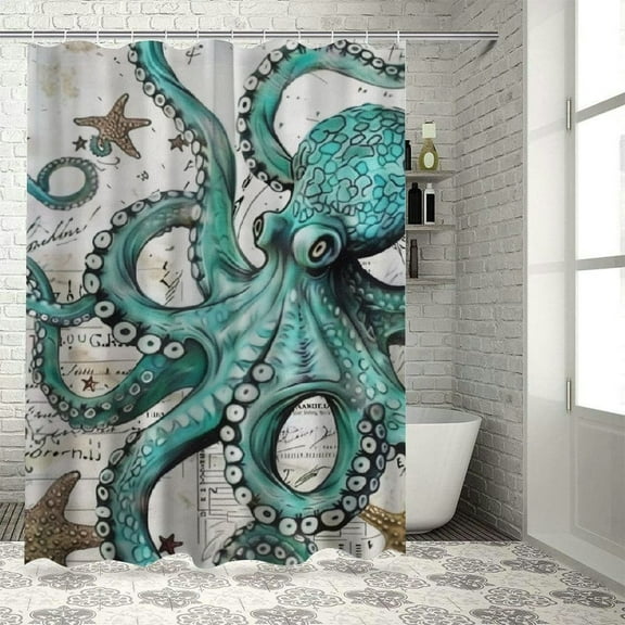 Creowell  Coastal Nautical Shower Curtain Teal Octopus Tentacle Vintage Starfish Seashell Watercolor Marine Life Beach Themed Bathroom Decor Fabric Curtains with Hooks White