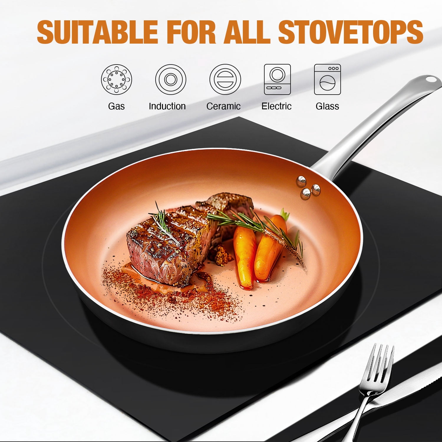 CS KOCHSYSTEME 10" Copper Nonstick Frying Pans with Lid, Professional Pan, All Stove Tops Compatible