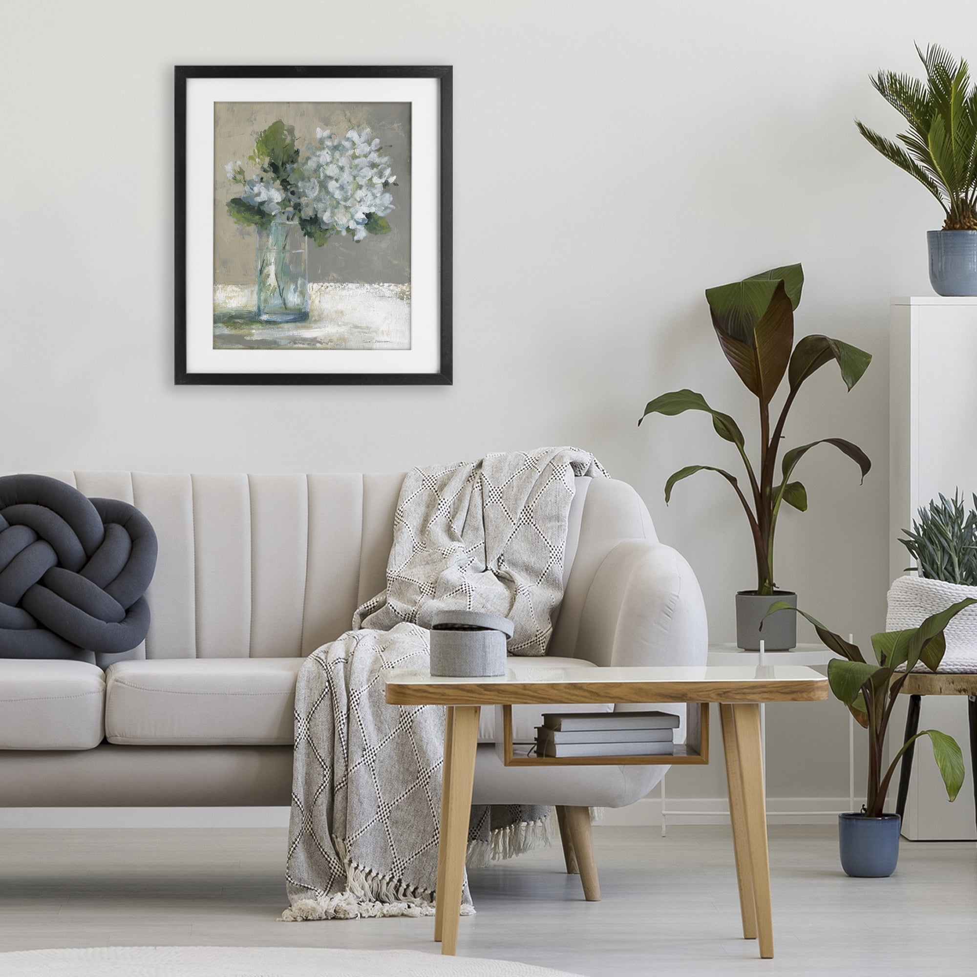 Stupell Industries Serene White Hydrangeas in Glass Black Framed Print Under Glass, design by Carol Robinson