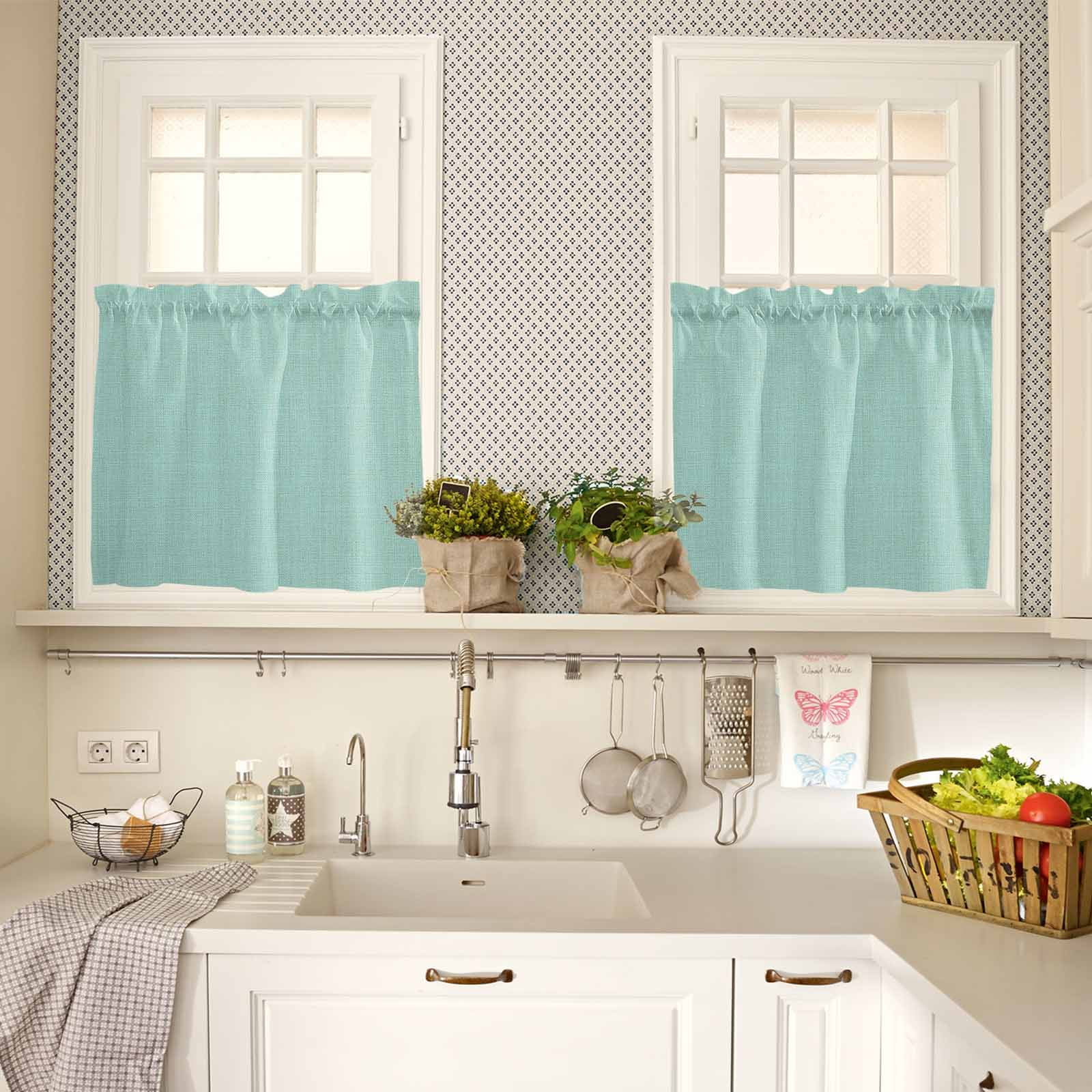 Mint Green Kitchen Curtains Valances and Tiers Solid Color Retro Linen Tier Curtains and Valance Rod Pocket Valance Curtains Set for Kitchen Bathroom Small Windows 27.5"W x 24"L, 3pcs