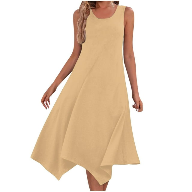 Swstbby Soldes d'Été! Robe d'Été pour Femmes, Robes Sans Manches à Col Rond avec Cordon de Serrage, Robe Décontractée à Volants en Ligne Beige TG