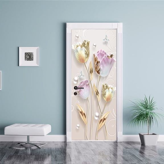 3D Door Stickers for Interior Doors 3D Tulip Flowers Butterfly Pearls Wall Mural Vinyl Waterproof Self Adhesive Door Mural Decals for Bedroom Office Bathroom