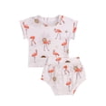thumbnail image 1 of goowrom Ensemble pour Enfants, T-Shirt à Col Rond à Manches Courtes à Imprimé Flamant Rose + Shorts, 1 of 9