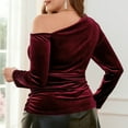 thumbnail image 4 of Uootdi Womens Velvet Tops Oversized Off The Shoulder Long Sleeve Shirts Tops Elegant Soft Dressy Blouse Ruched Hide Belly Outfits Gift, 4 of 7