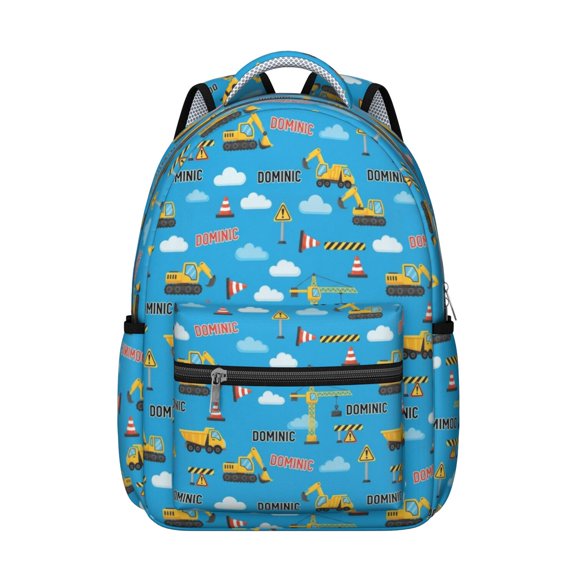 Excavator and Crane Blue Pattern Backpack for School, Cute School Bag with Adjustable Shoulder Straps and Padded Back, 15.3"x11"x7.1"