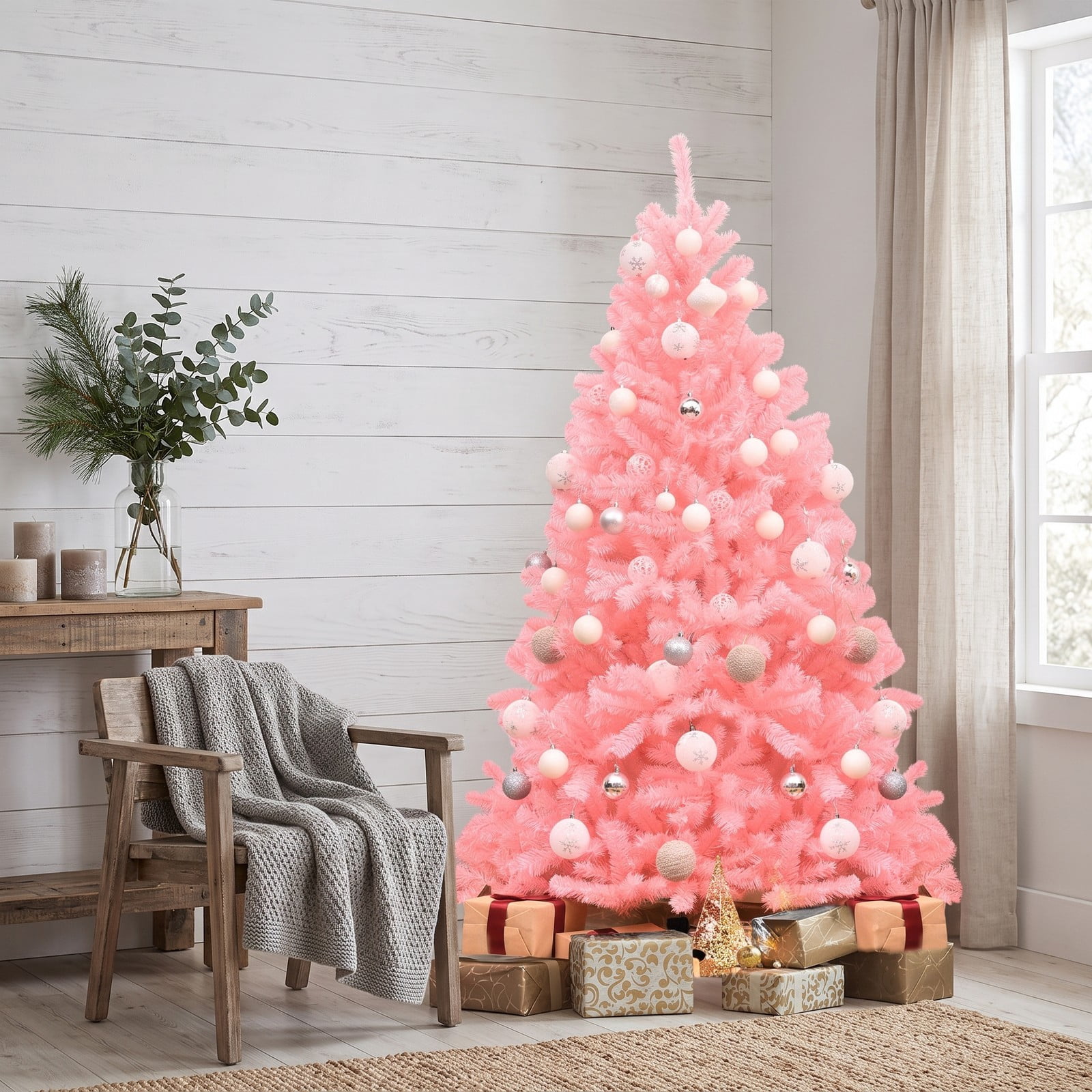 RUIE 6 FT Pink Artificial Christmas Tree, Hinged Full Spruce Xmas Tree with 1036 Tips and Foldable Metal Stand for Holiday Home Party Decoration, Cherry Blossom Pink