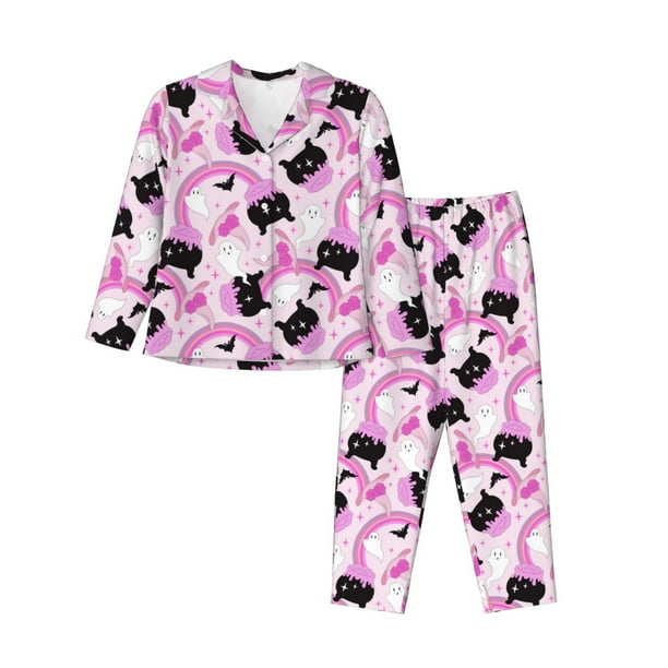 Balery Pink Girl Halloween Conjunto de Pijama con Estampado para Mujer, Conjunto de Dos Piezas con Manga Larga, Ropa de Dormir Suave con Bolsillos, Pijamas Cómodos-Medium