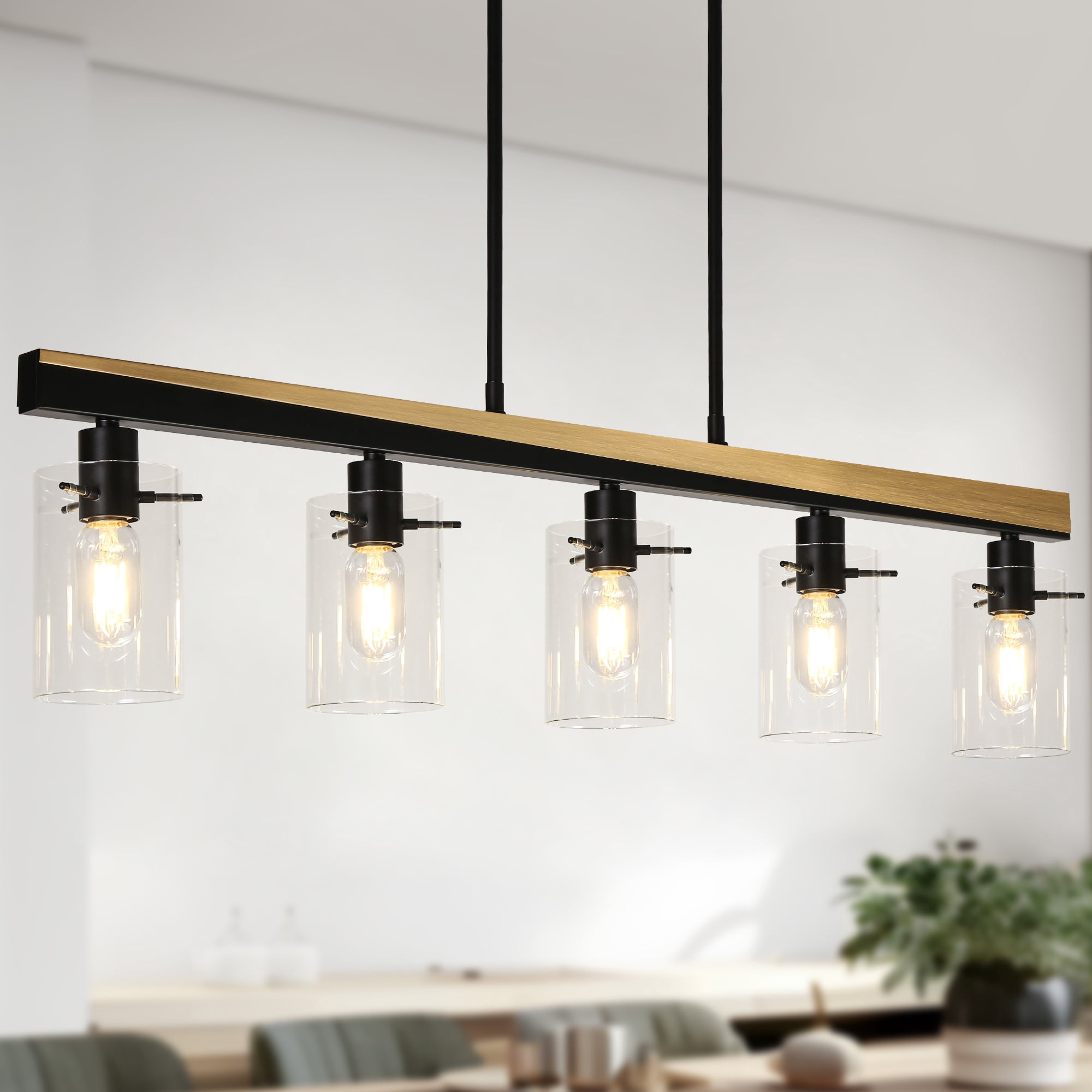 LNC 5-Light Black and Gold Large Linear Pendant with Clear Glass for Kitchen Island