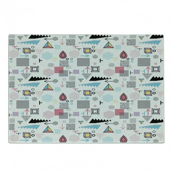 Abstract Cutting Board, Geometric Composition in Memphis Style Cubes Hexagons Triangles and Arrows Modern, Decorative Tempered Glass Cutting and Serving Board, Small Size, Multicolor, by Ambesonne